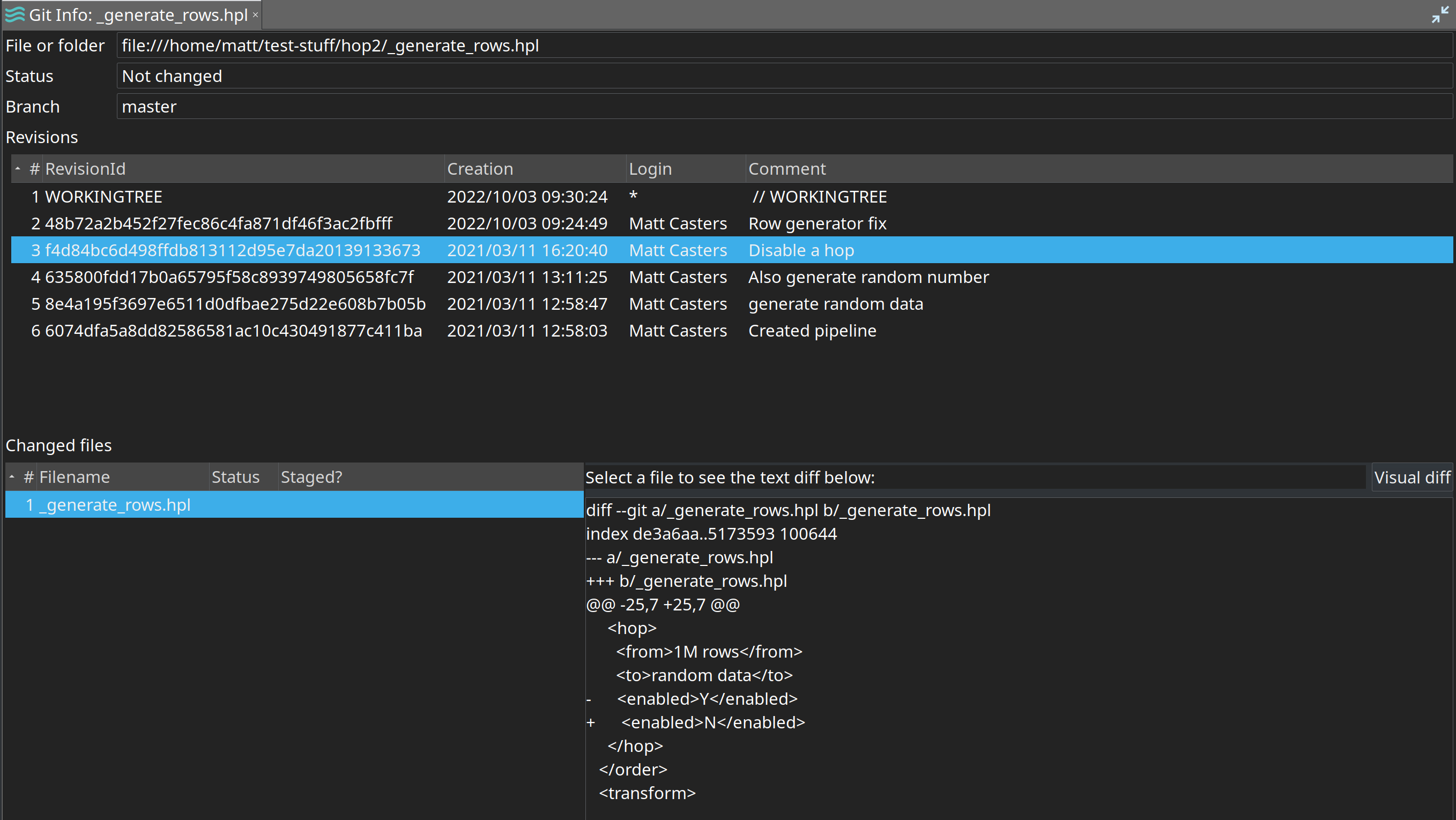 Git information shown in a tab