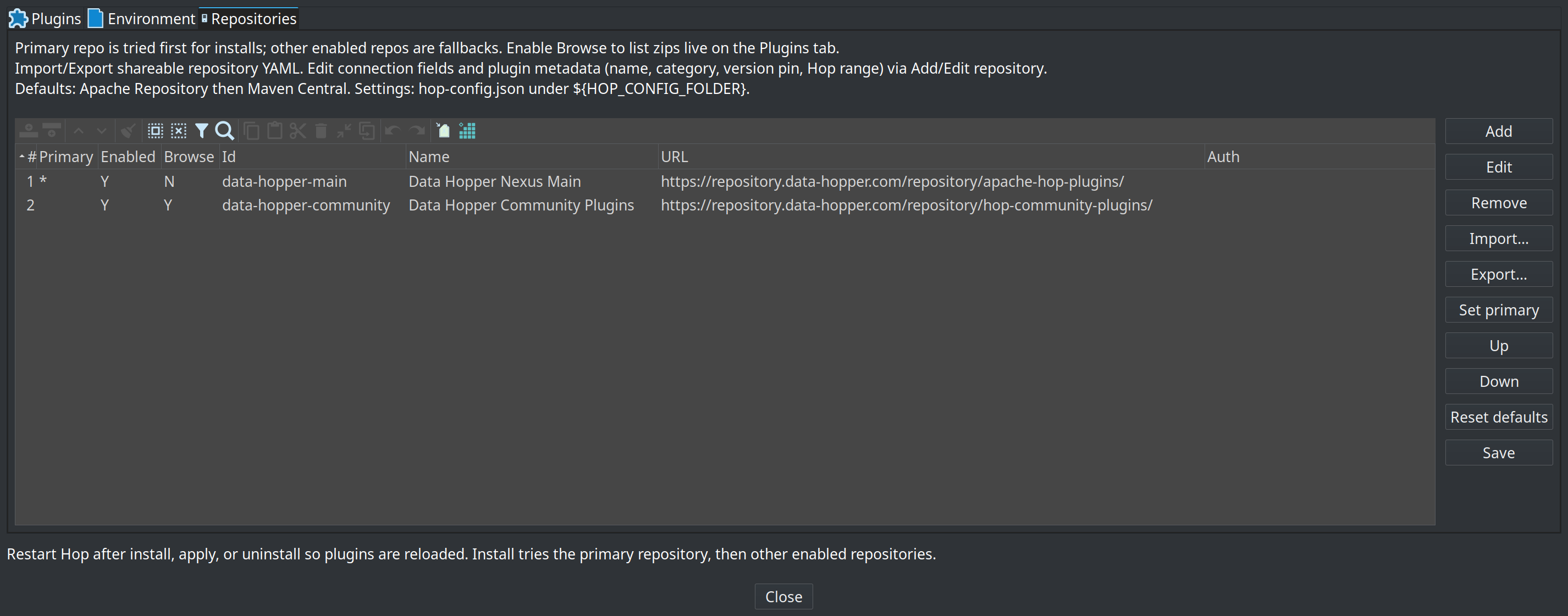 Marketplace dialog Repositories tab