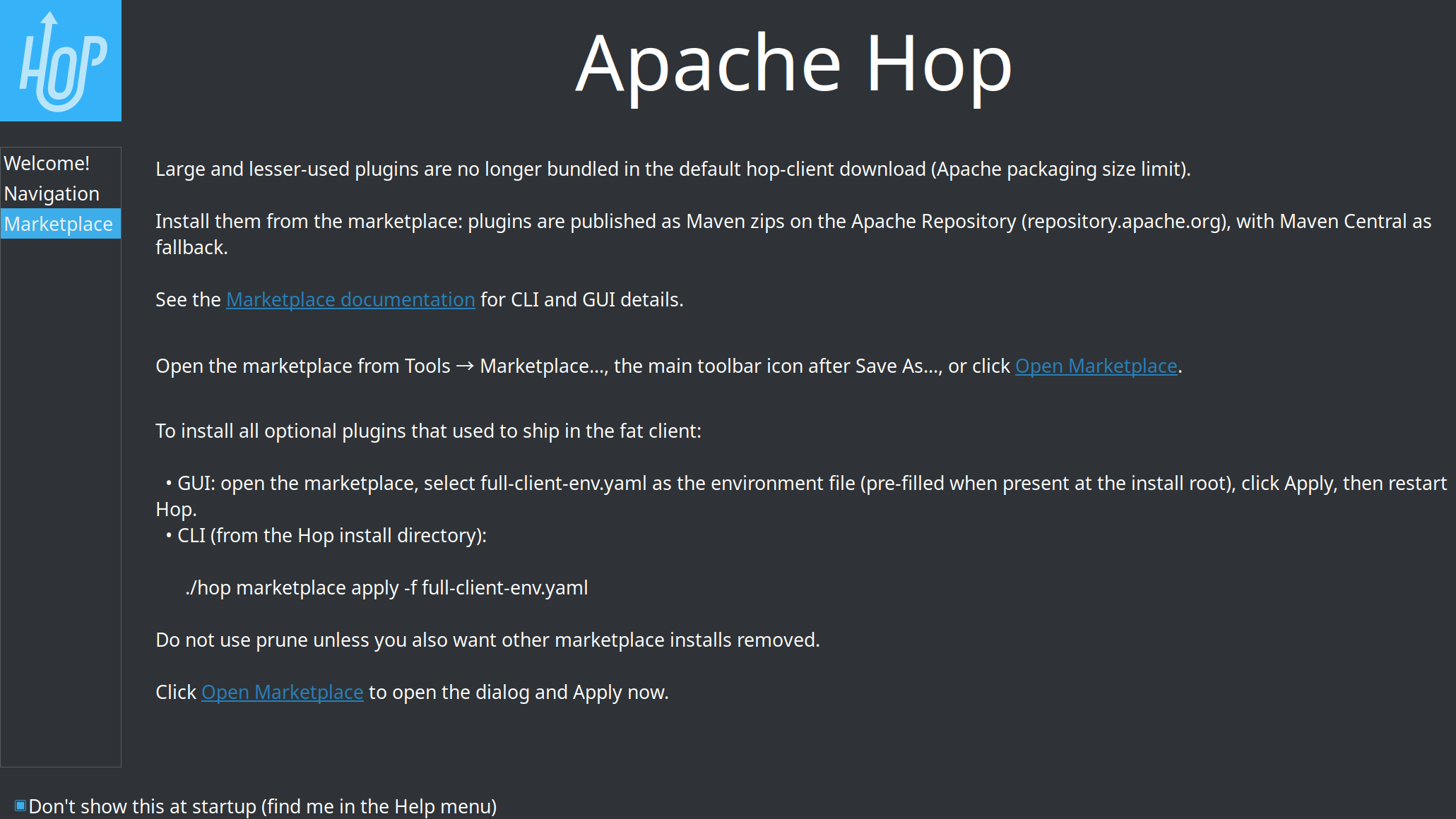 Marketplace welcome dialog