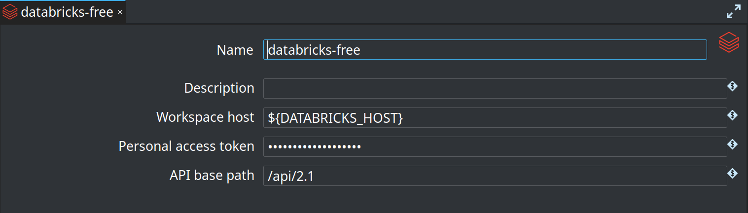 Databricks Connection metadata editor with variable-based host and personal access token