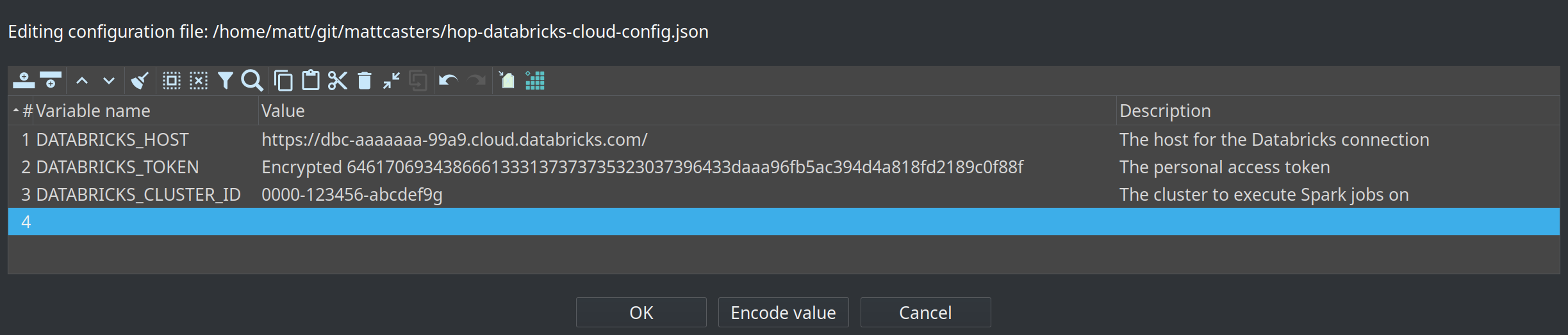 Hop environment configuration file editor with Databricks host