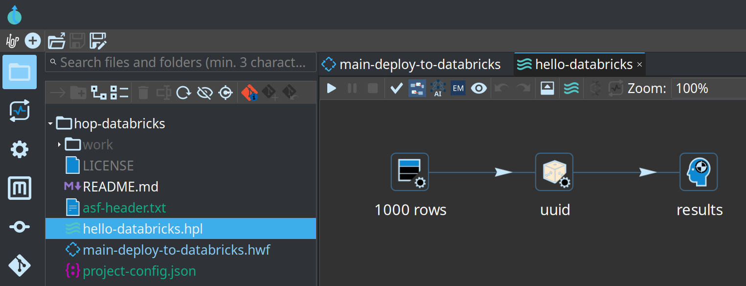 Hello Databricks sample pipeline in Hop GUI: Generate rows