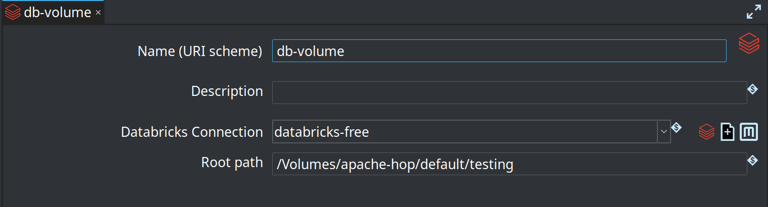 Databricks VFS Connection editor with scheme name