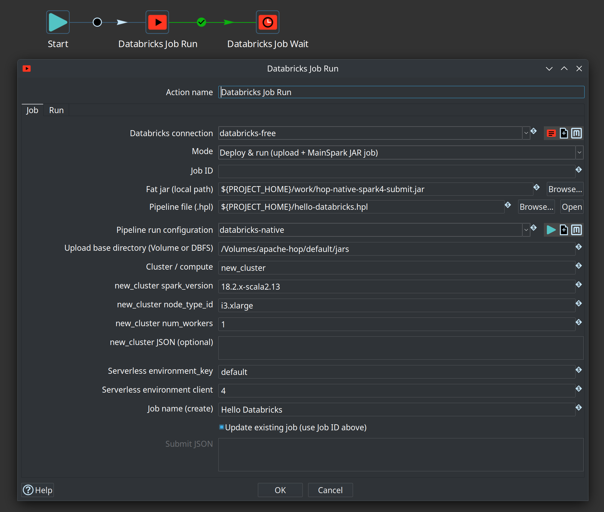 Databricks job run dialog: Deploy and run with fat jar