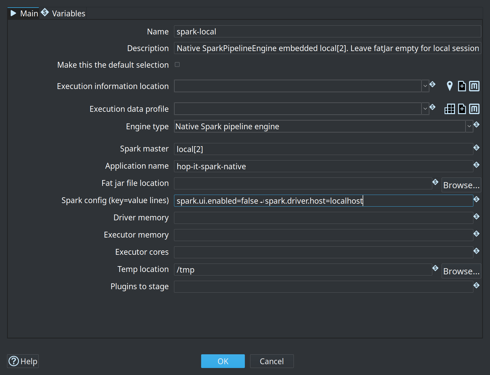 Native Spark pipeline run configuration editor