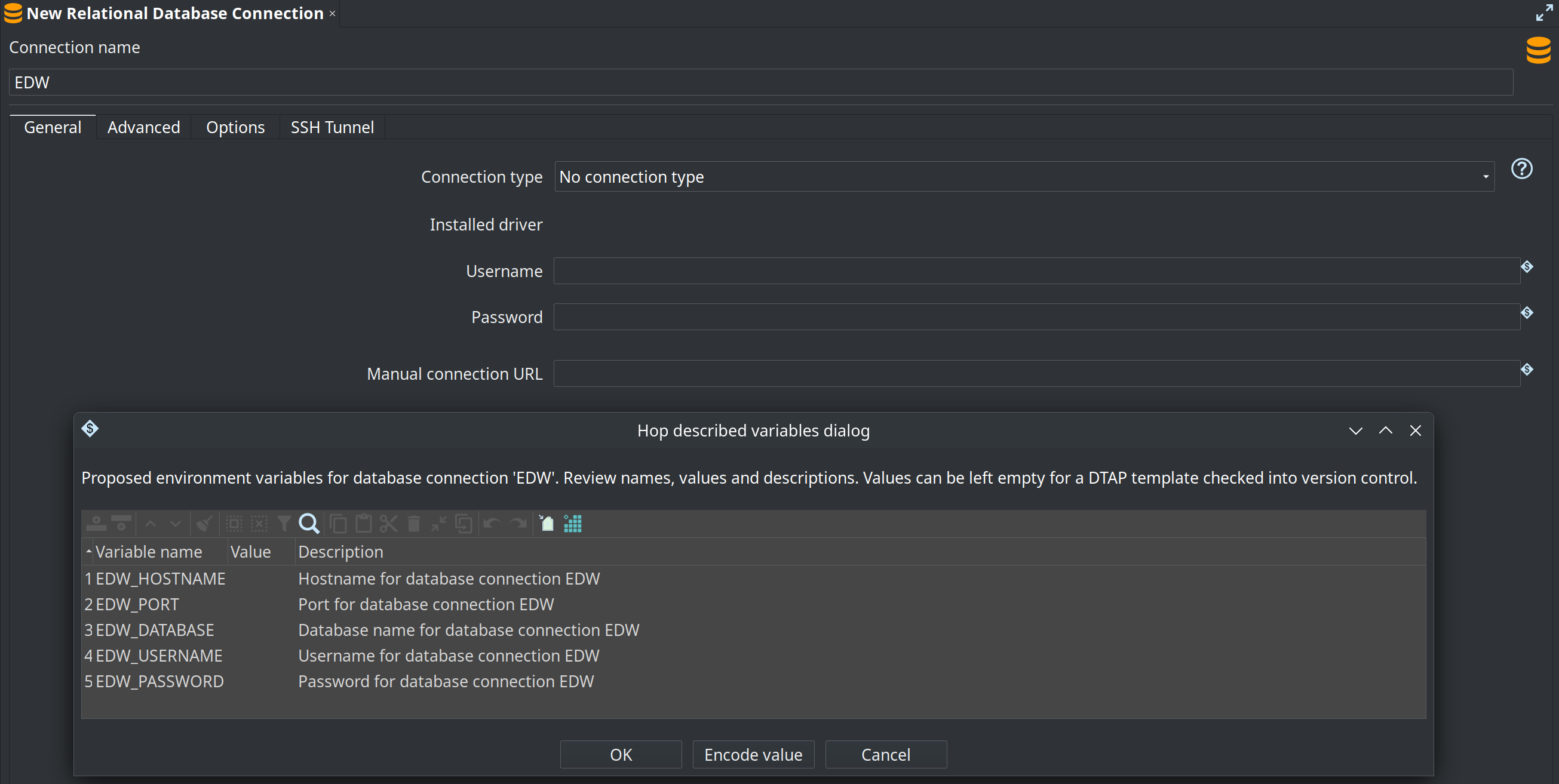 Proposed environment variables for connection EDW