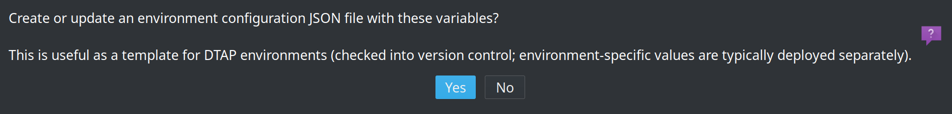 Prompt to create or update an environment configuration JSON file for DTAP