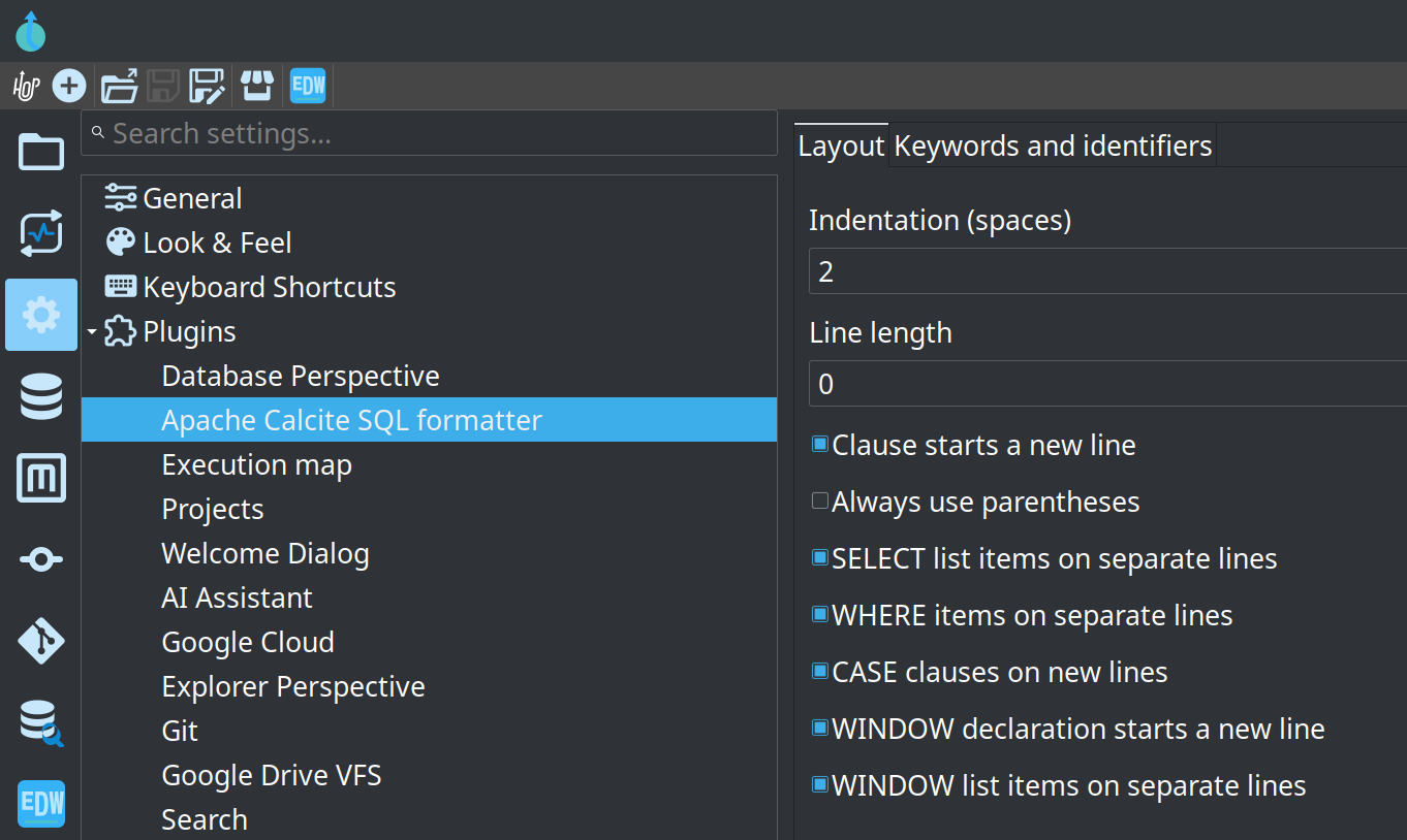 Apache Calcite SQL formatter layout options