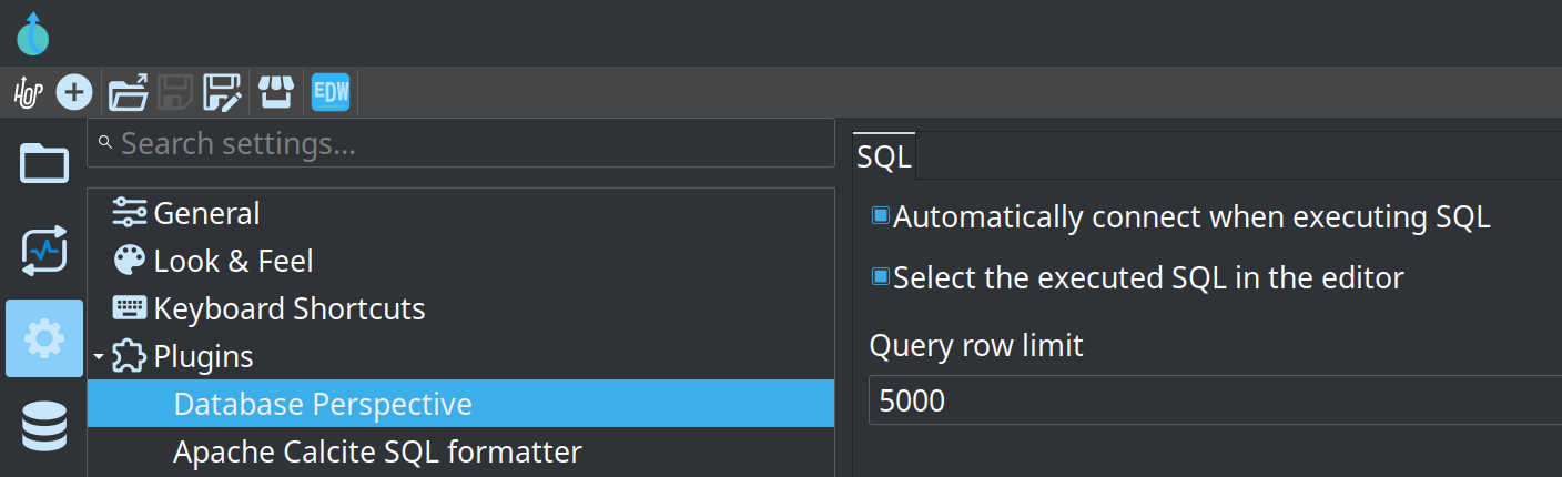 Database Perspective options under Configuration