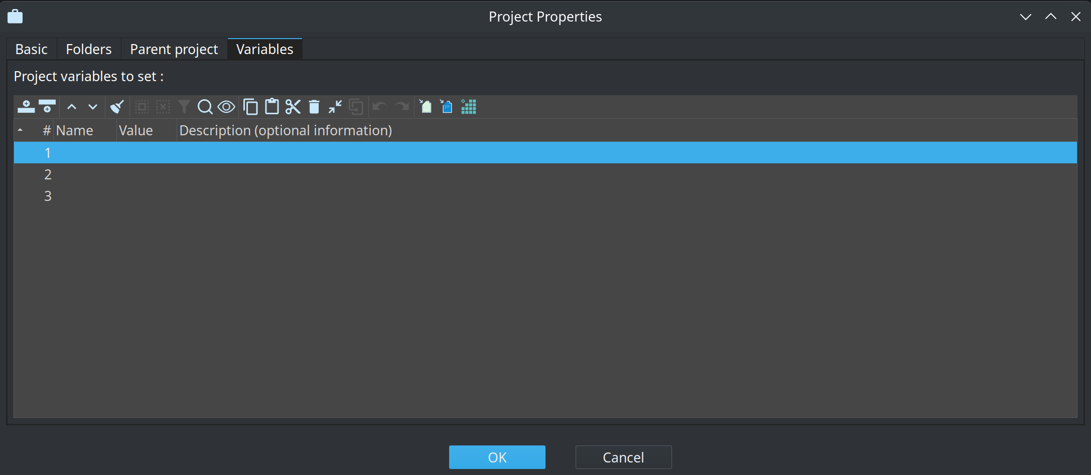 Project Properties Variables tab