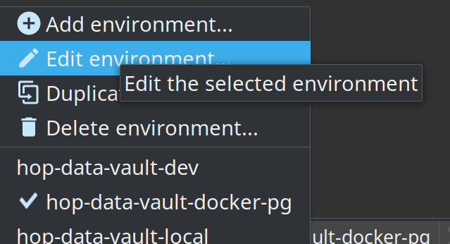 Edit environment menu