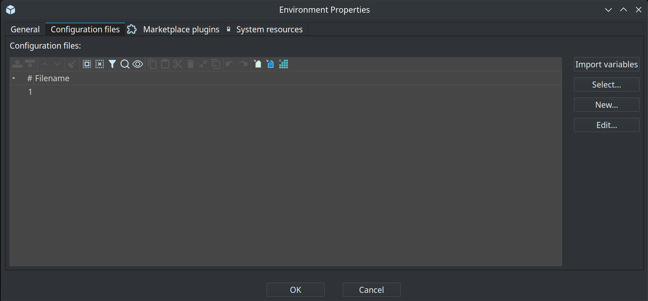 Environment Properties Configuration files tab