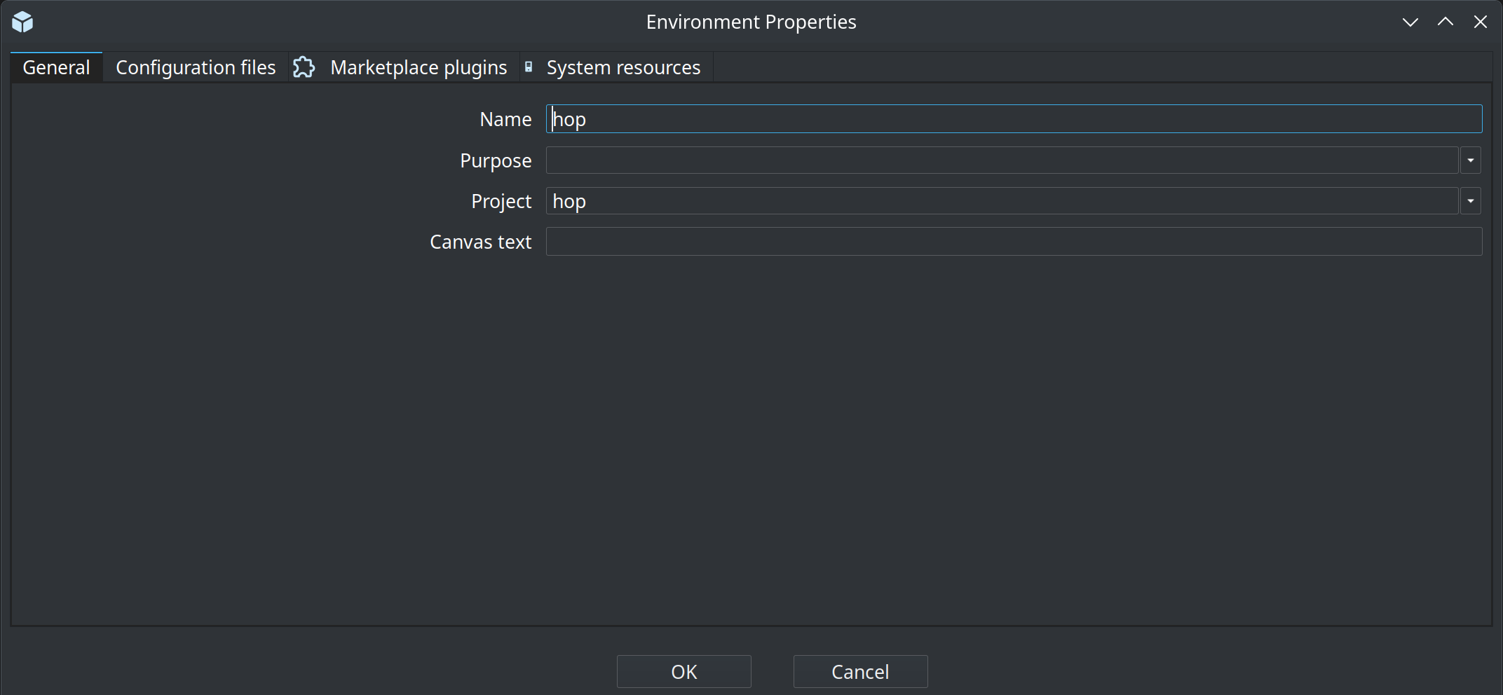 Environment Properties General tab