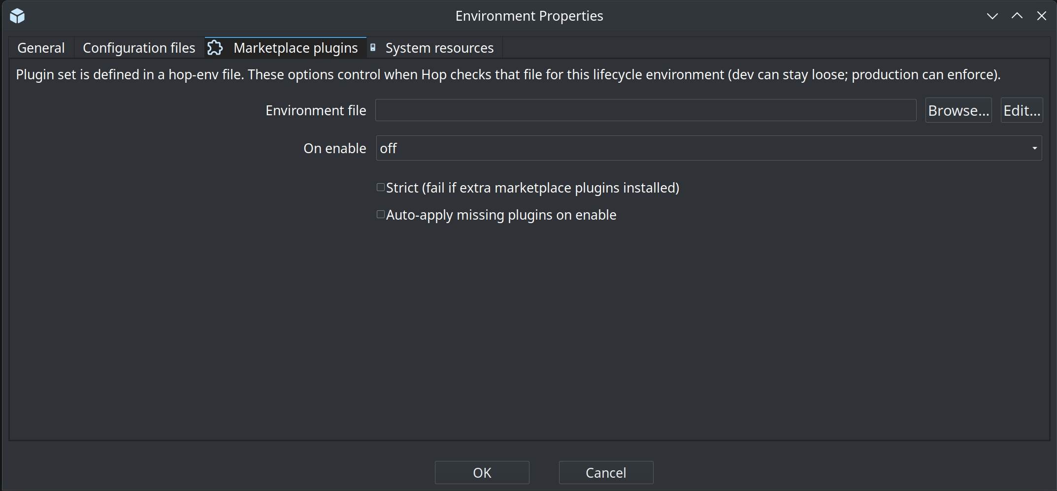 Environment Properties Marketplace plugins tab