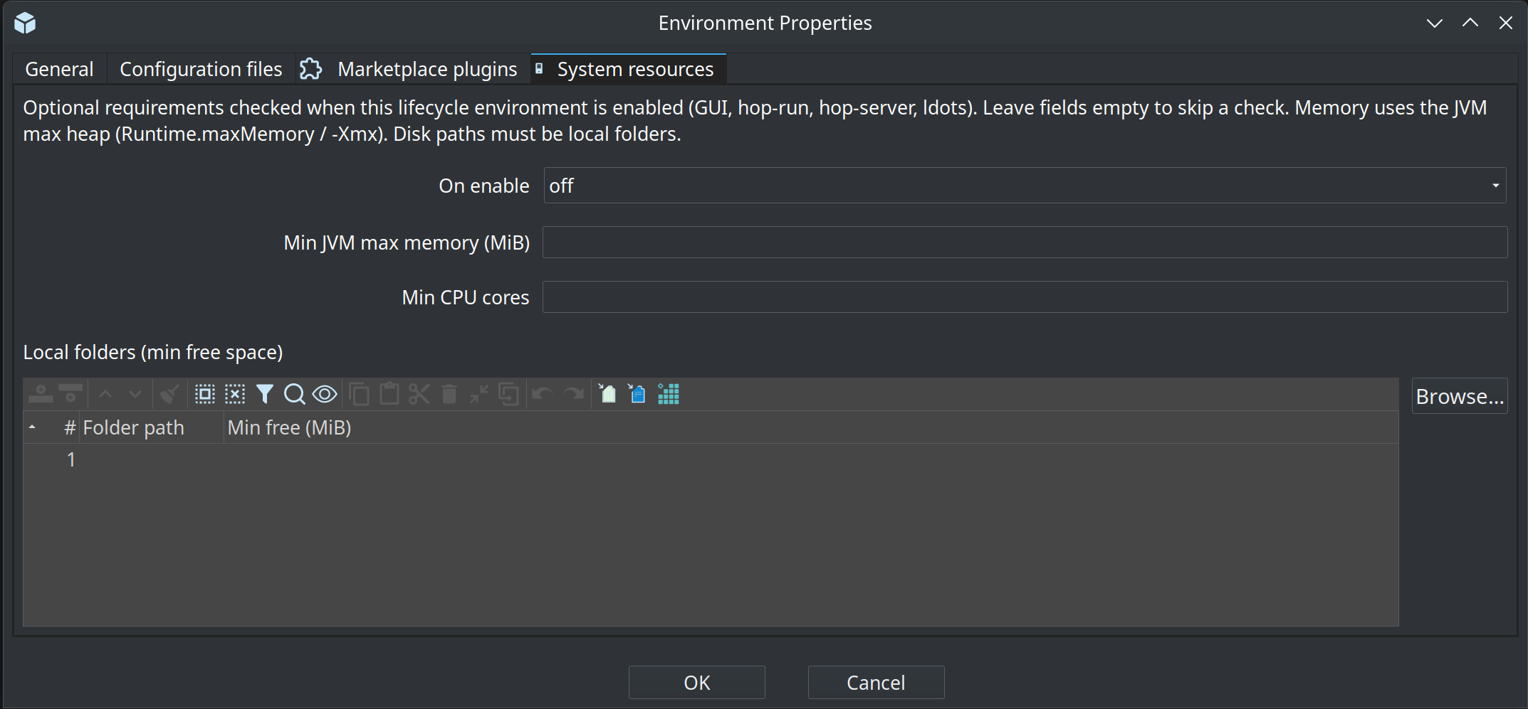 Environment Properties System resources tab