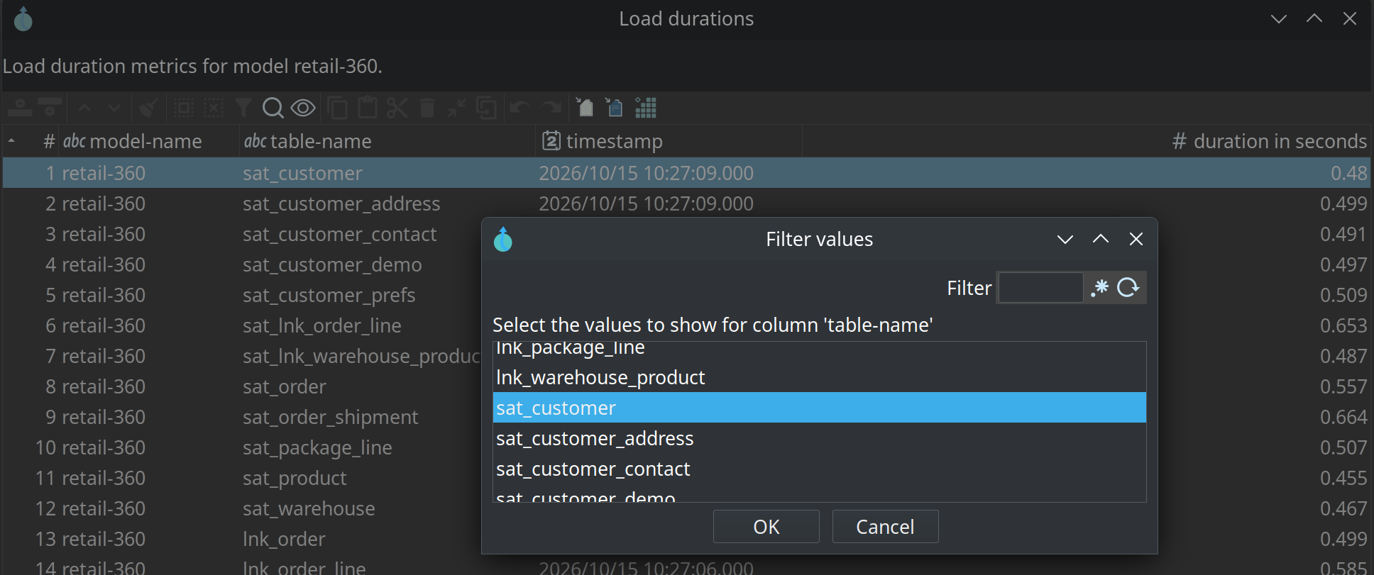 Filter values for the table-name column