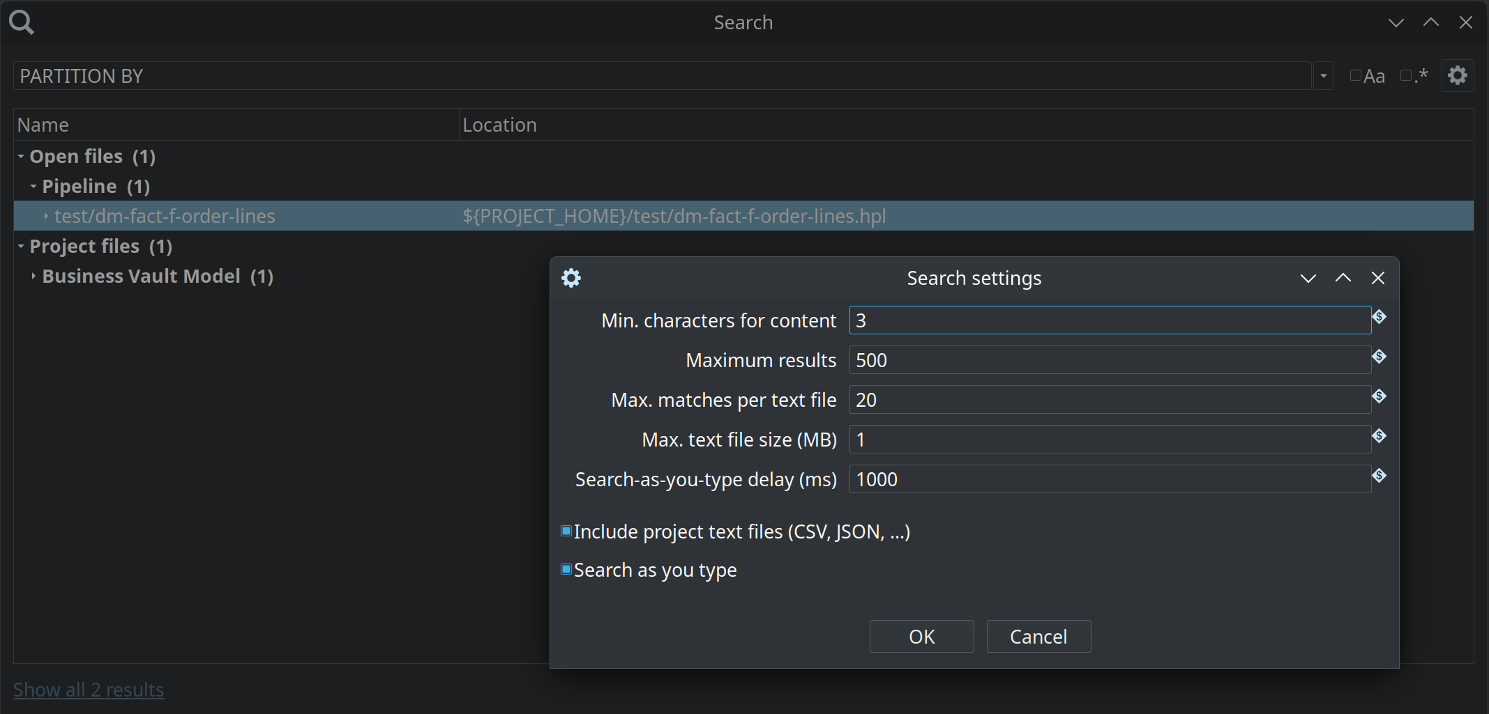 Search settings dialog