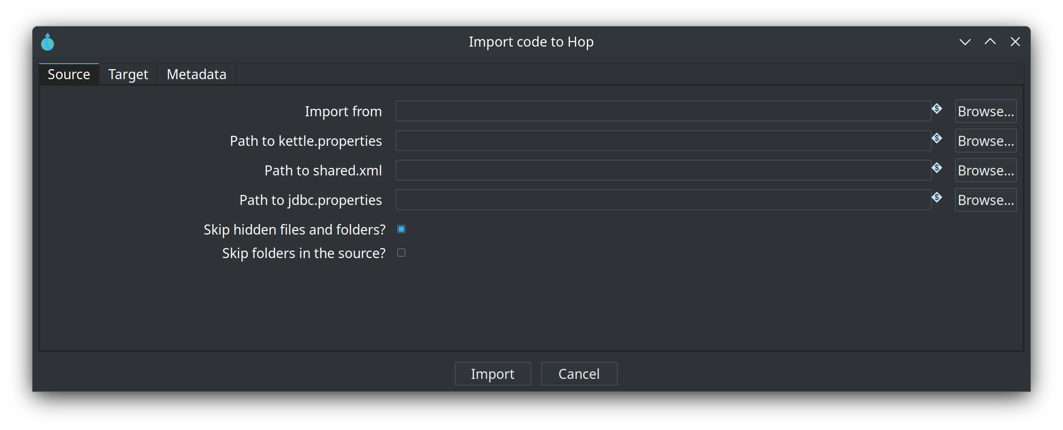 Kettle import dialog Source tab