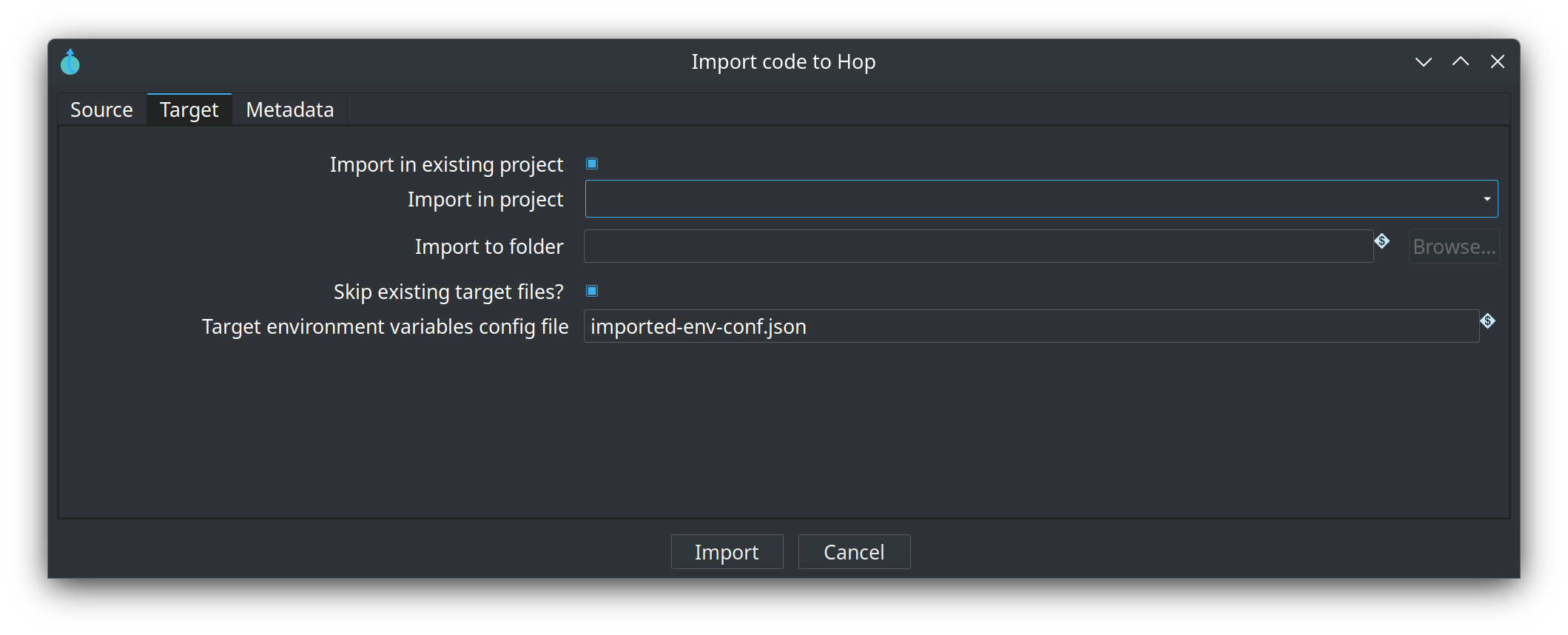 Kettle import dialog Target tab
