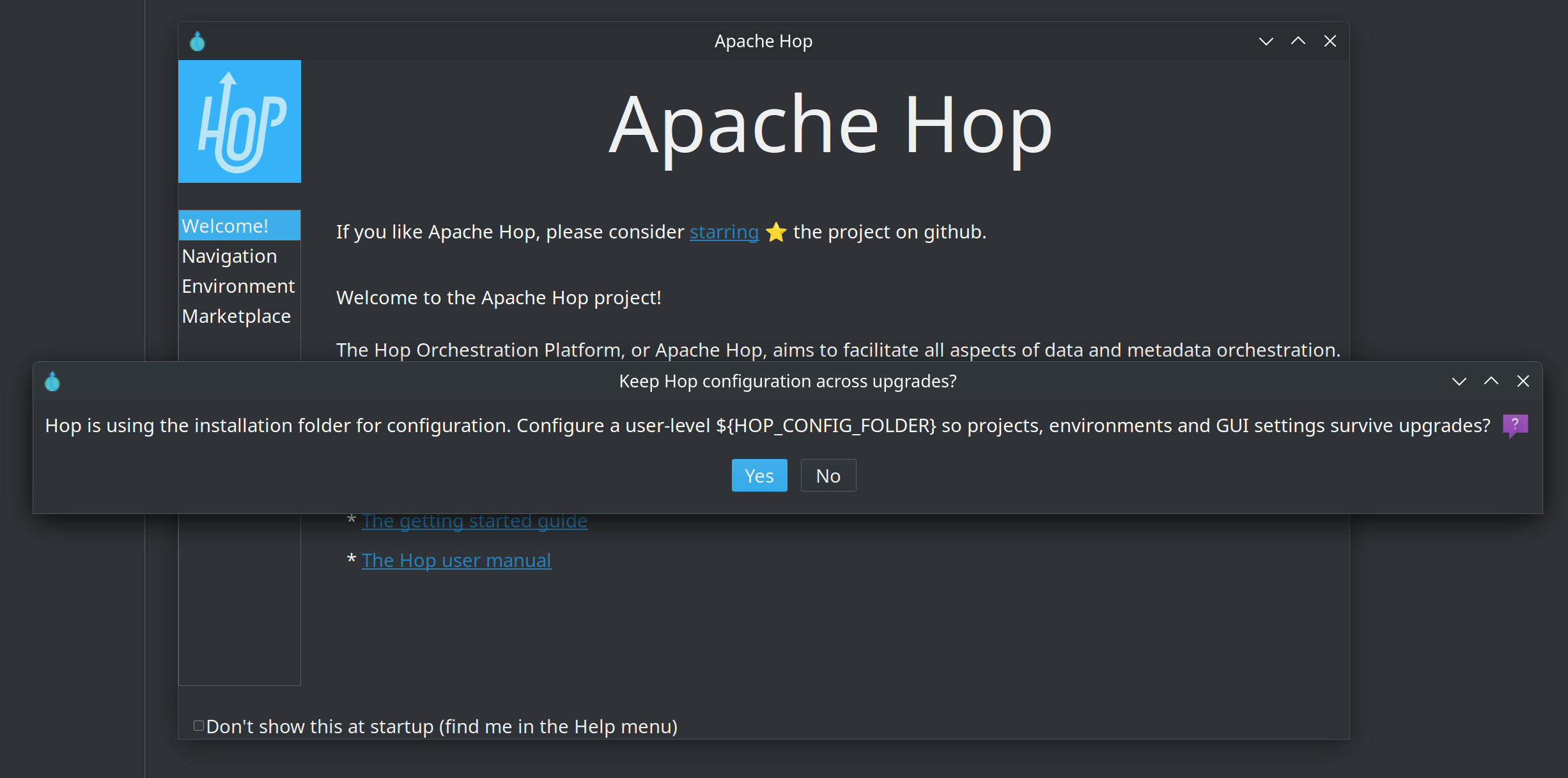 First-start question to configure a user-level HOP_CONFIG_FOLDER