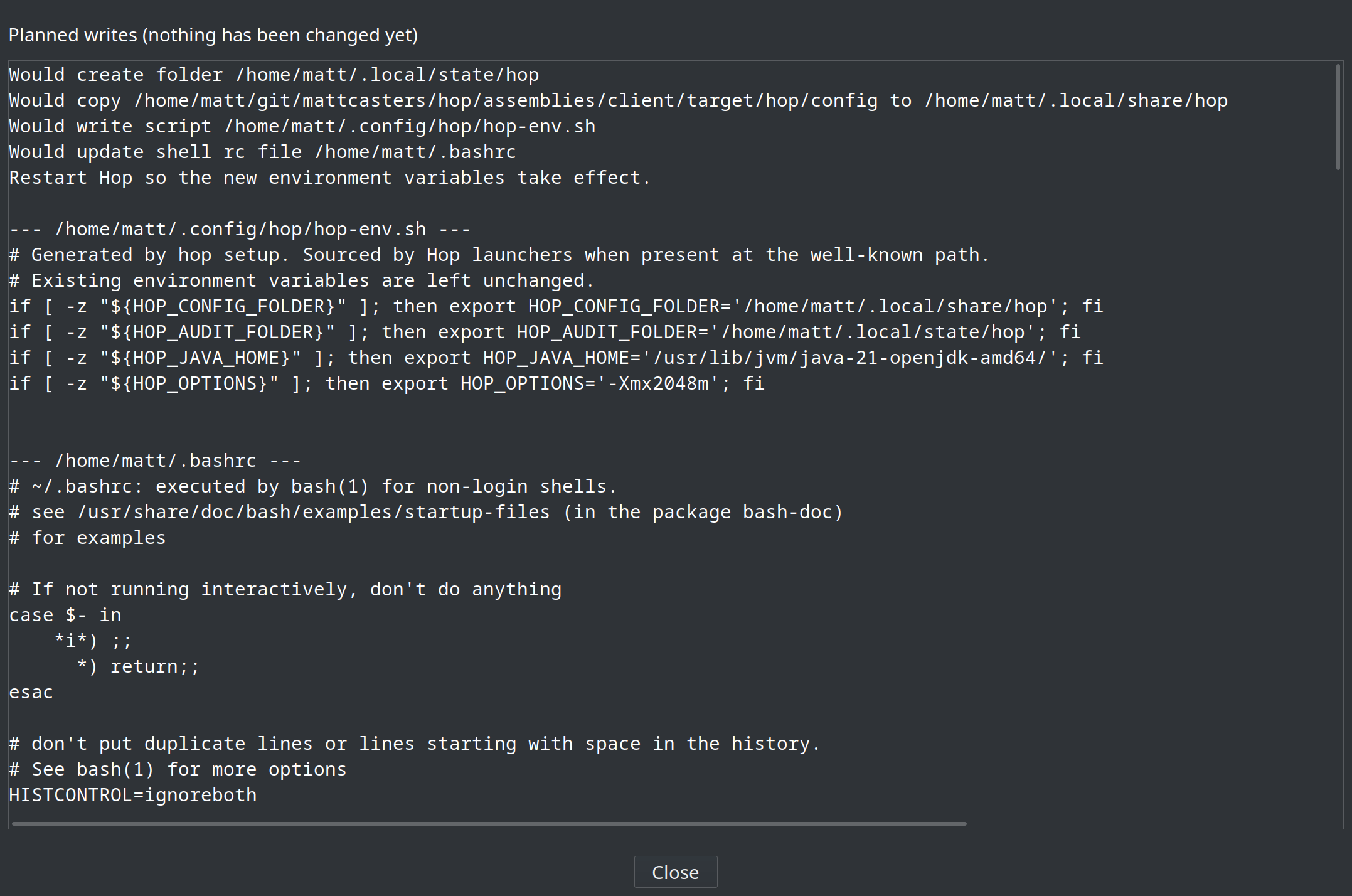 Preview of planned hop-env and shell rc writes