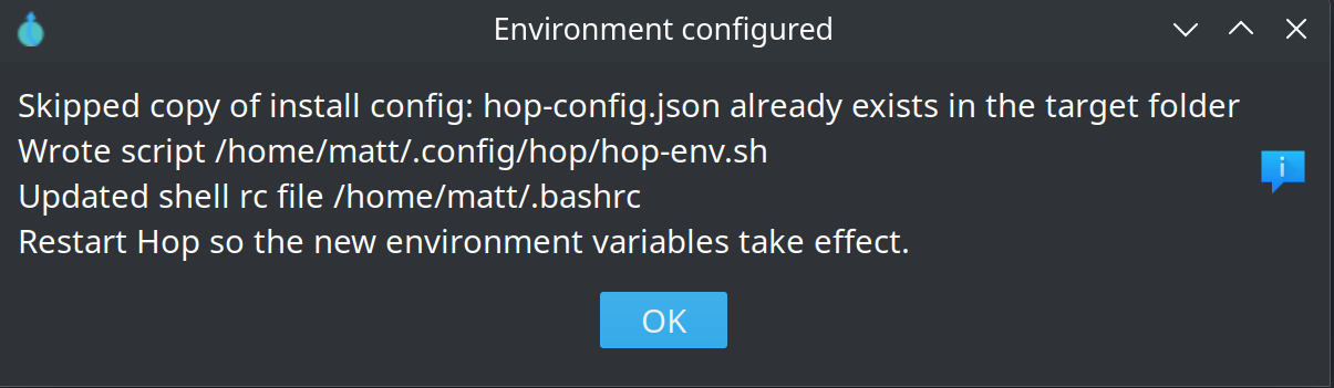 Environment configured confirmation
