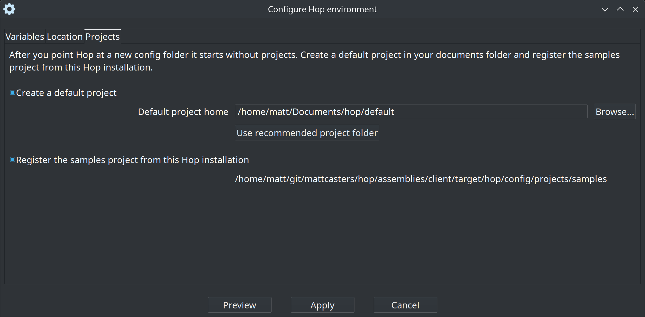 Configure Hop environment dialog