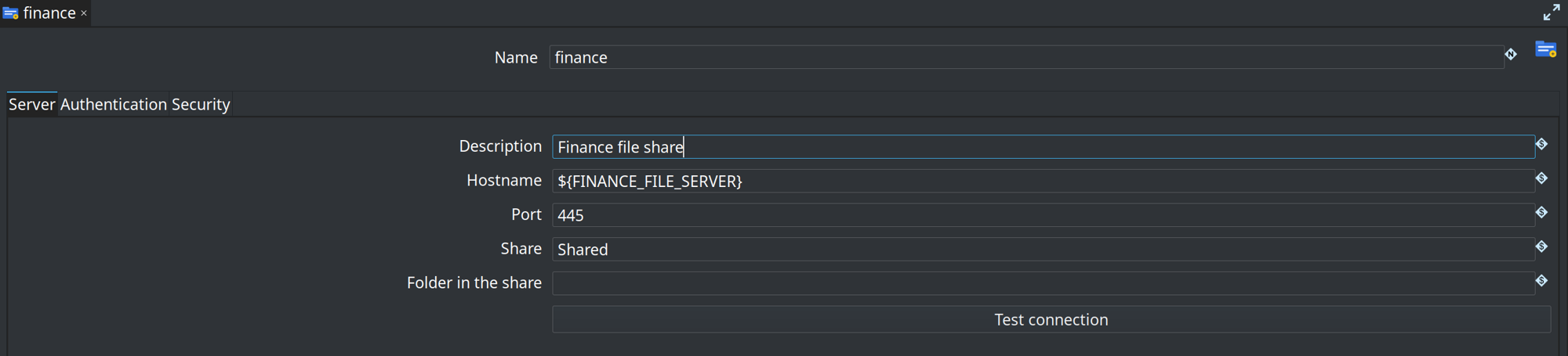 SMB connection editor on the Server tab
