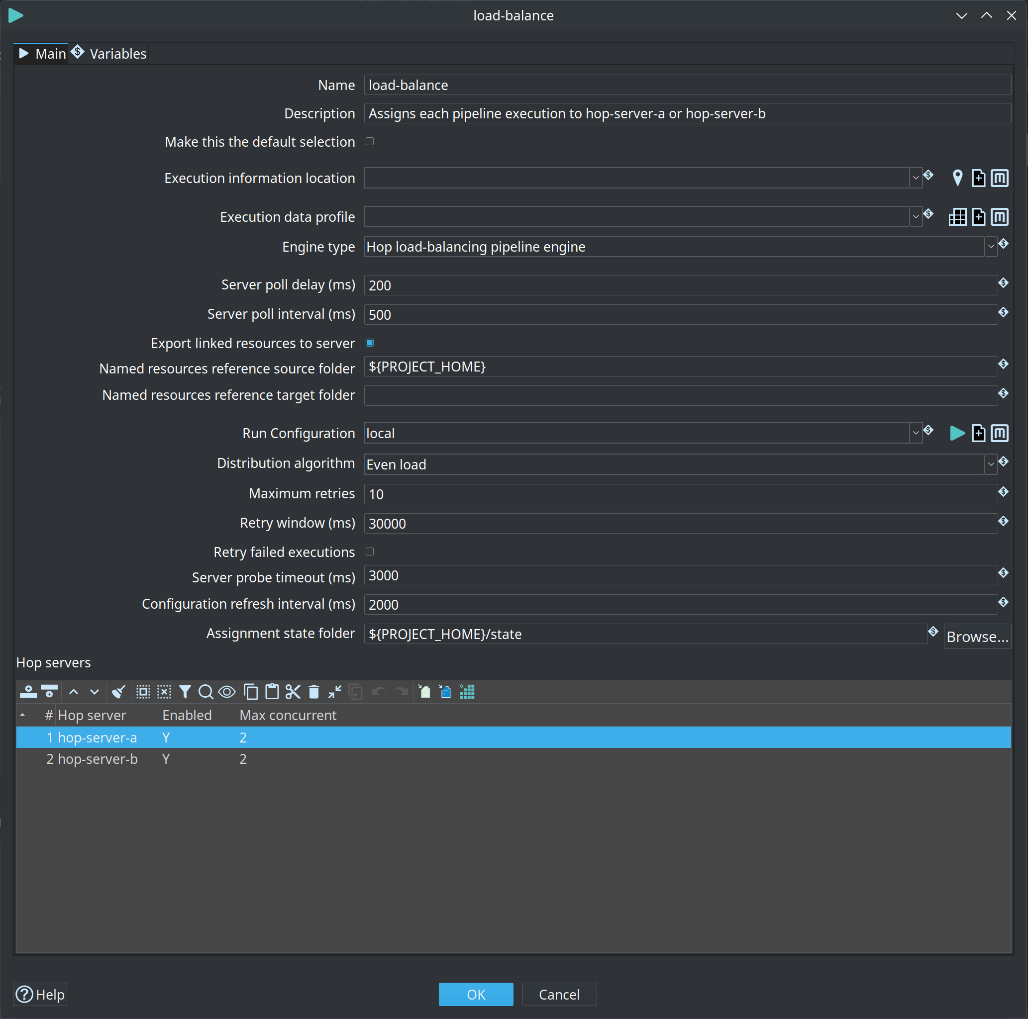 Load-balancing pipeline run configuration editor