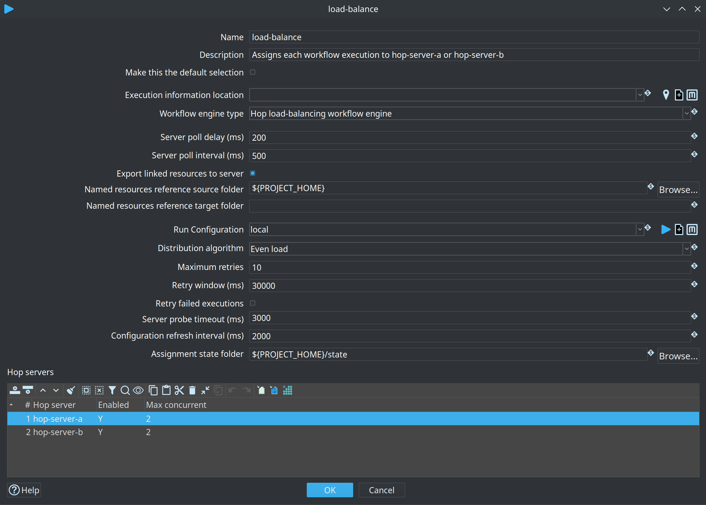 Load-balancing workflow run configuration editor