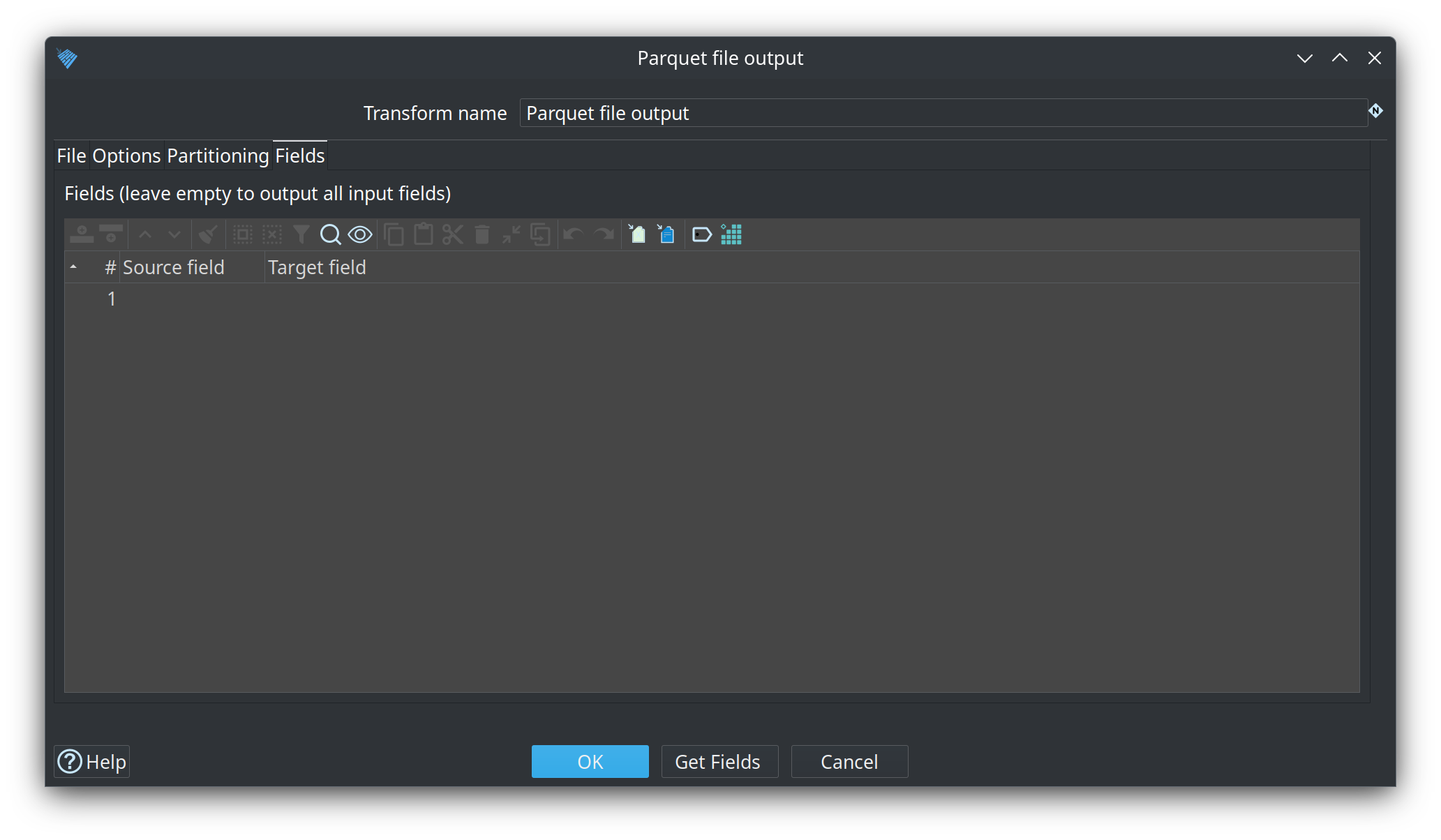 Parquet file output Fields tab