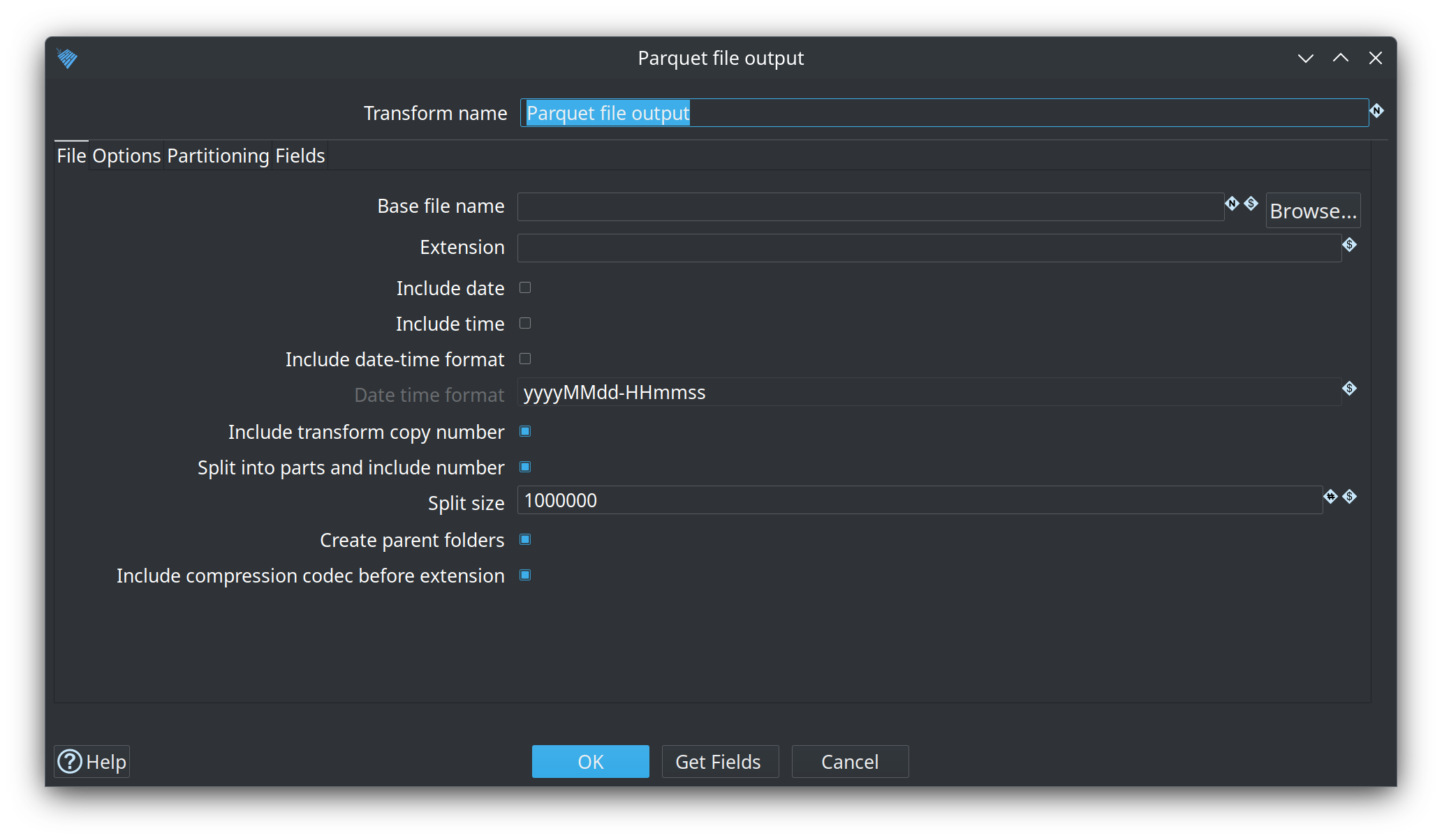 Parquet file output File tab