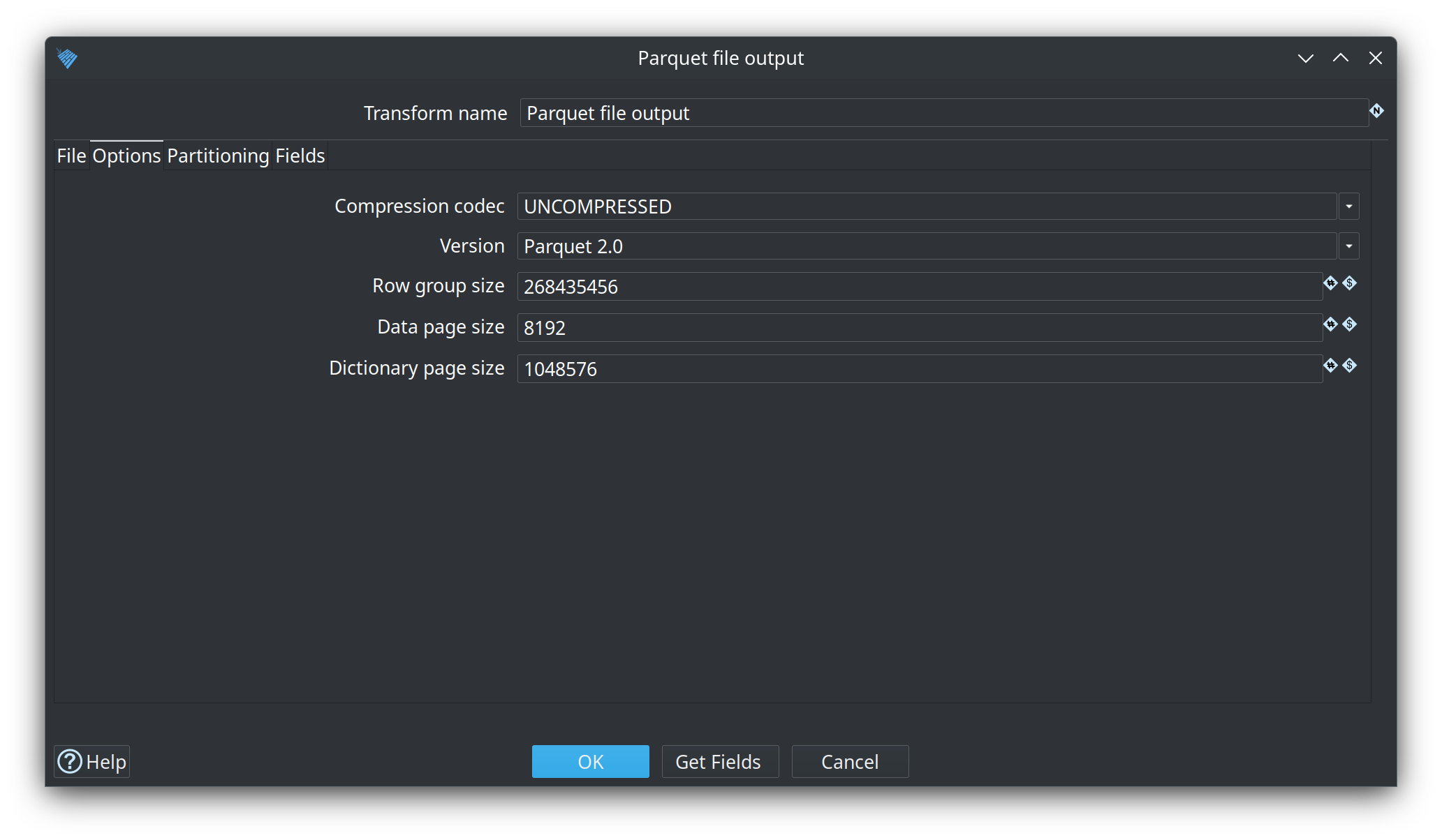 Parquet file output Options tab