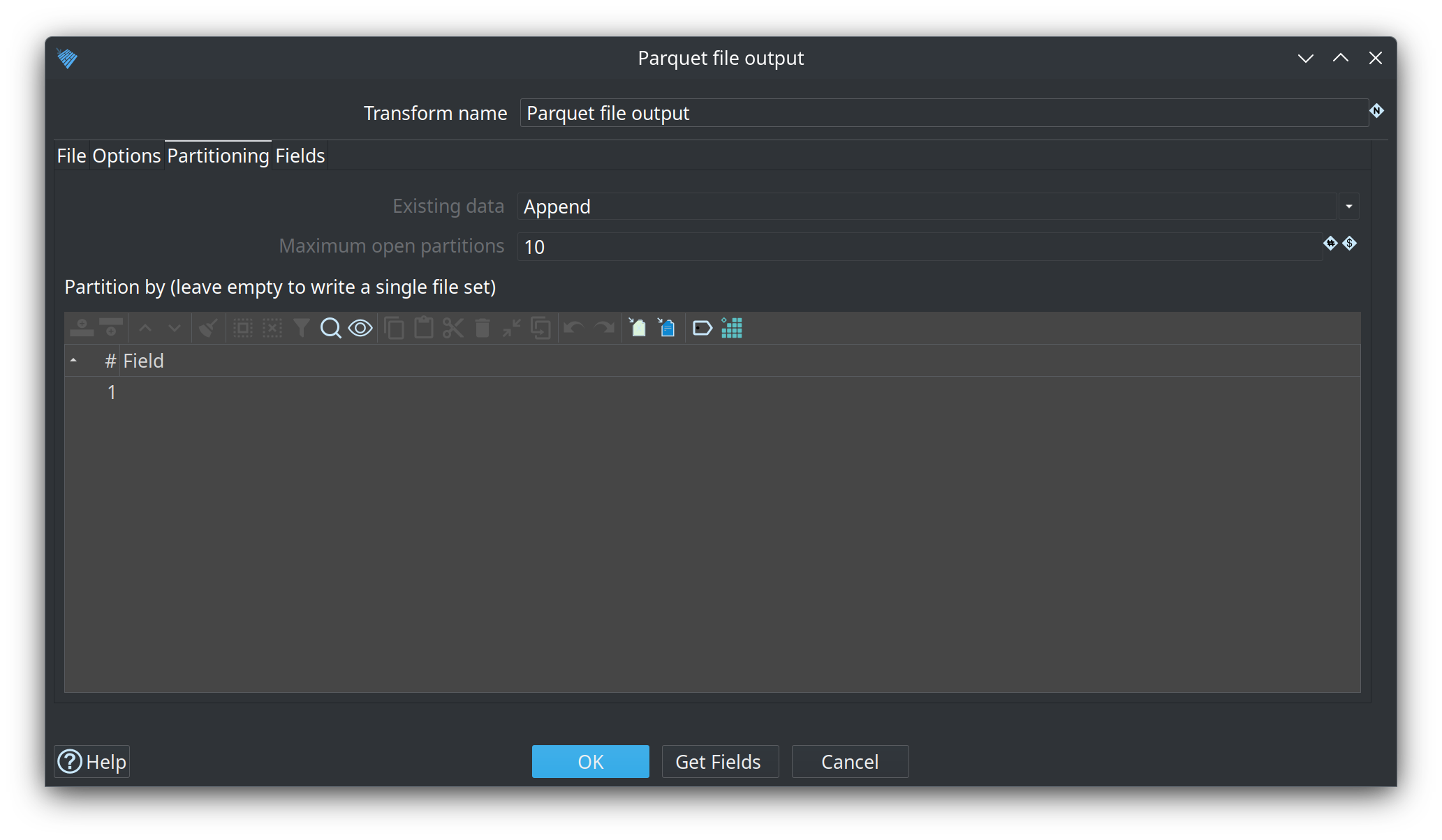 Parquet file output Partitioning tab