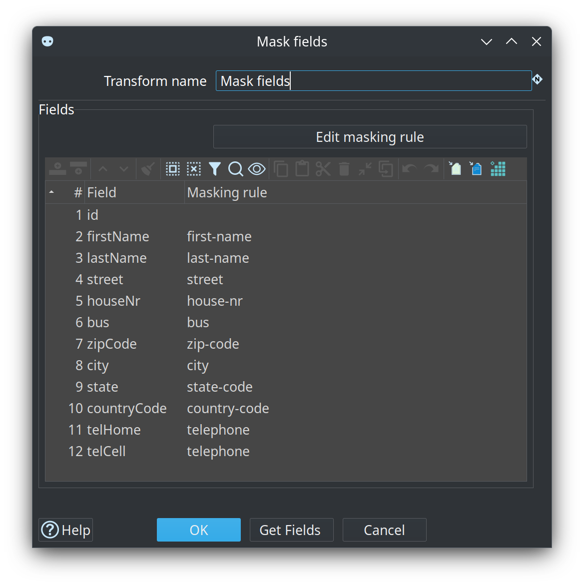 Mask fields dialog