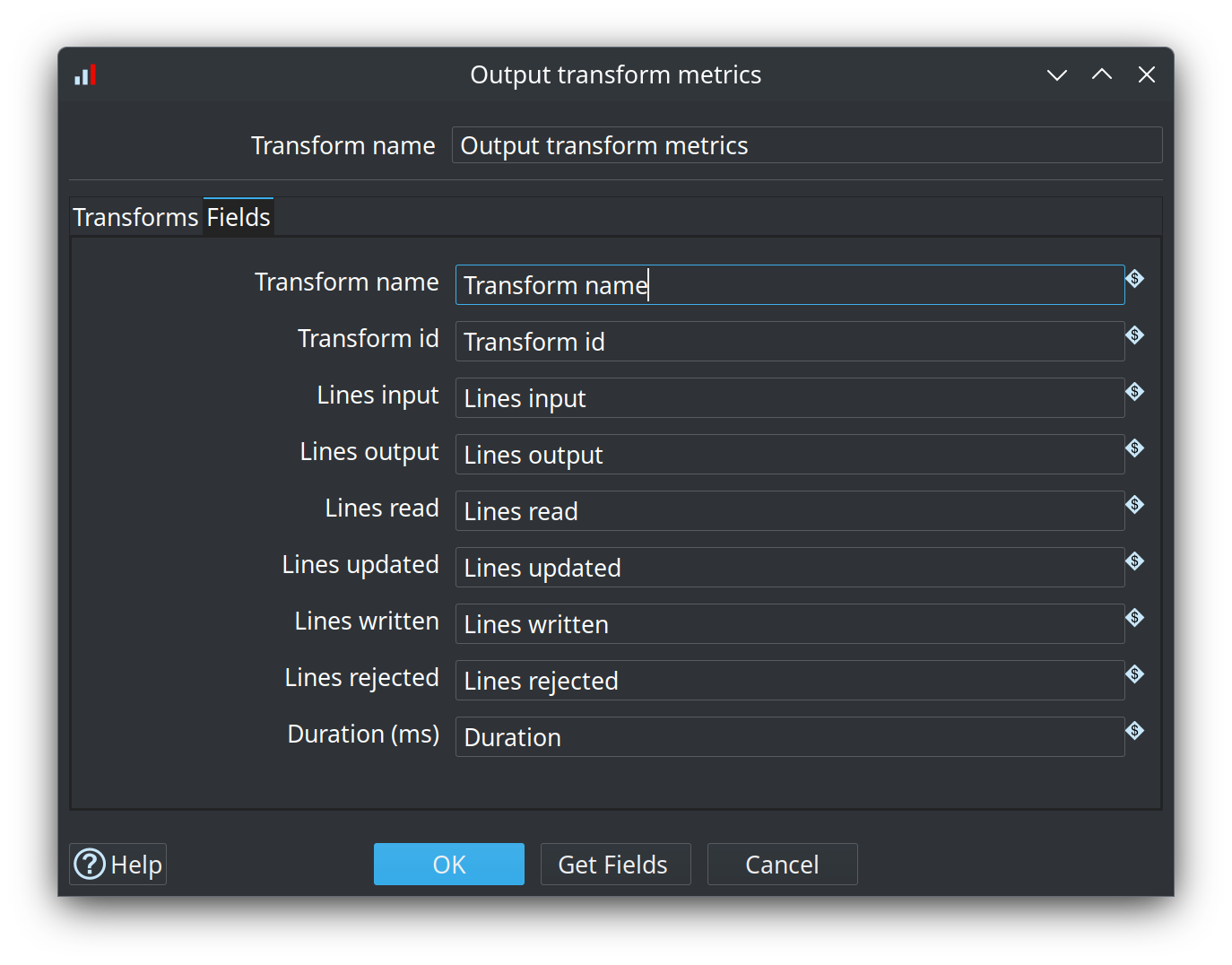 Output transform metrics Fields tab